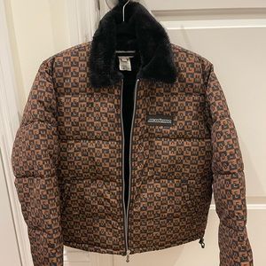 Mademe brown checkered logo puffer jacket with faux fur
